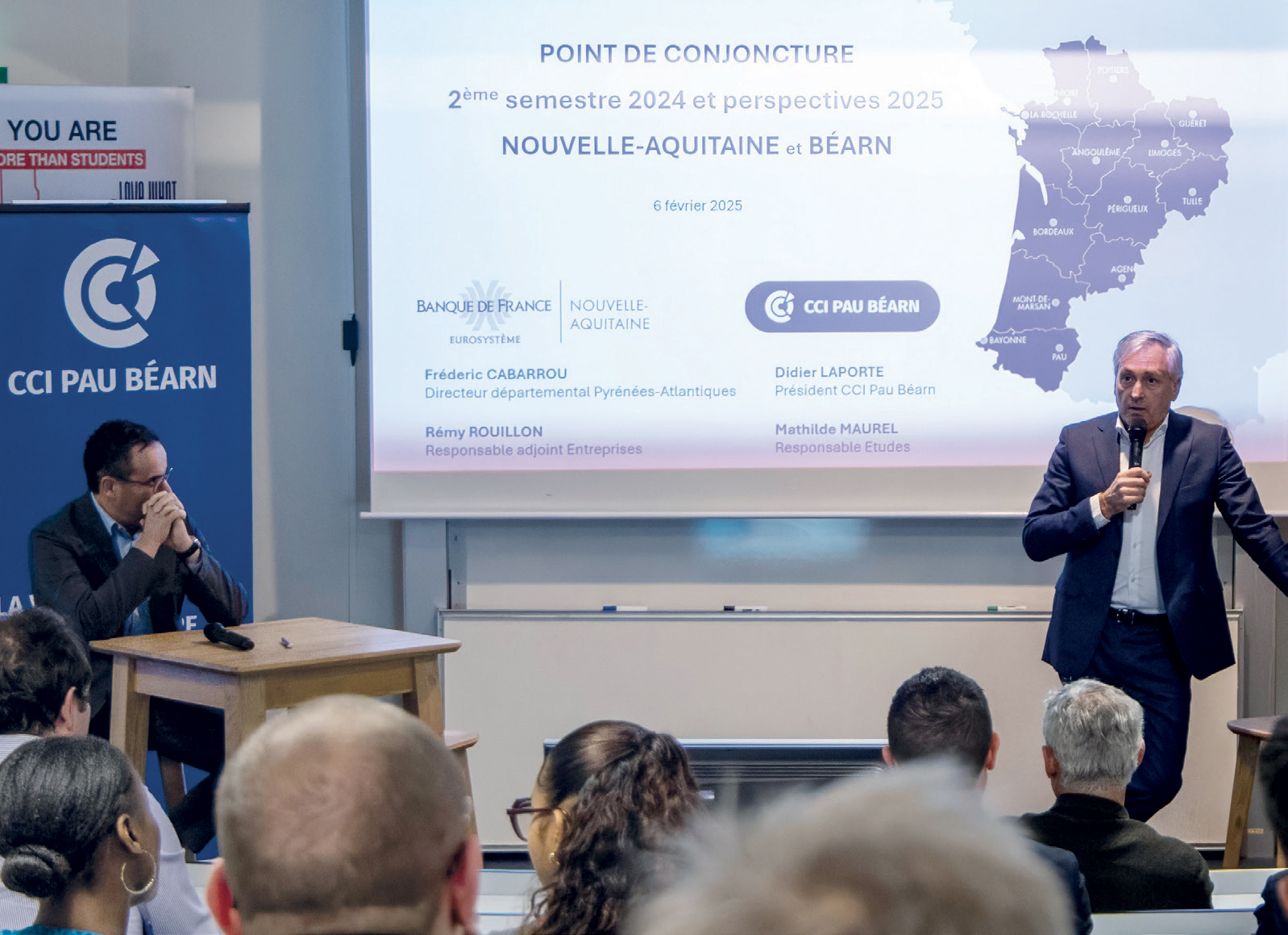 Frédéric Cabarrou, directeur départemental de la Banque de France, et Didier Laporte, président de la CCI Pau Béarn, présentent le point de conjoncture du 2e semestre 2024. Frédéric Cabarrou, directeur départemental de la Banque de France, et Didier Laporte, président de la CCI Pau Béarn, présentent le point de conjoncture du 2e semestre 2024.