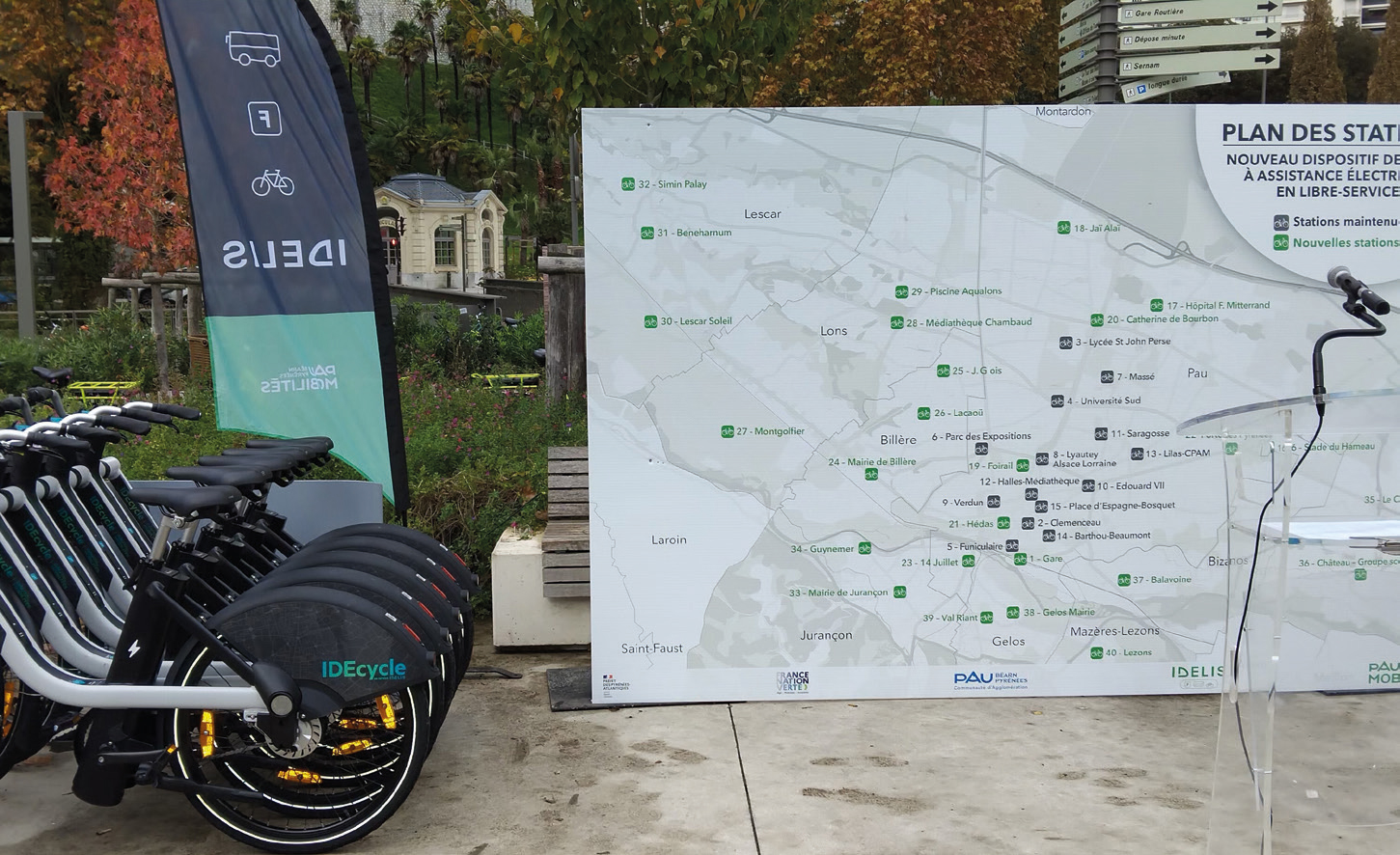 IDECYCLE déploie des vélos électriques en libre-service dans 9 communes de l’agglo de Pau. Un service connecté, moderne et adapté au relief. IDECYCLE déploie des vélos électriques en libre-service dans 9 communes de l’agglo de Pau. Un service connecté, moderne et adapté au relief.